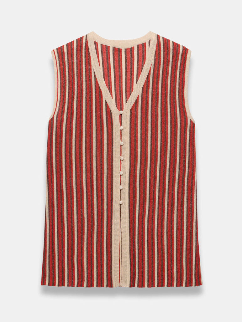 Casual Sleeveless Button-Up Vest Striped Knit Two-Piece Set