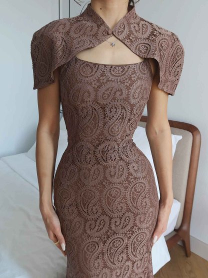 Elegant Lace Cape-Neck Fitted Maxi Dress