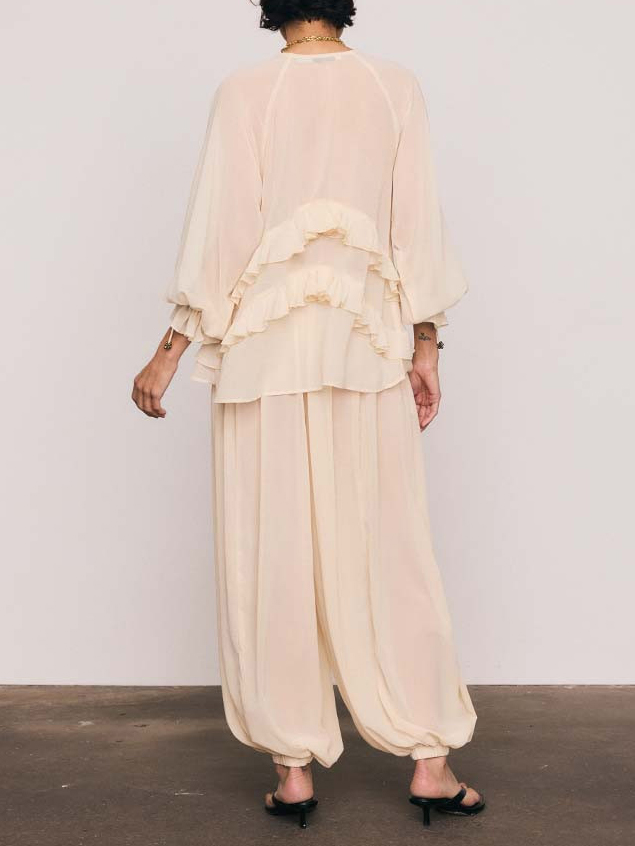 Romantic Ruffle Chiffon Blouse & Wide-Leg Pants Two-Piece Set