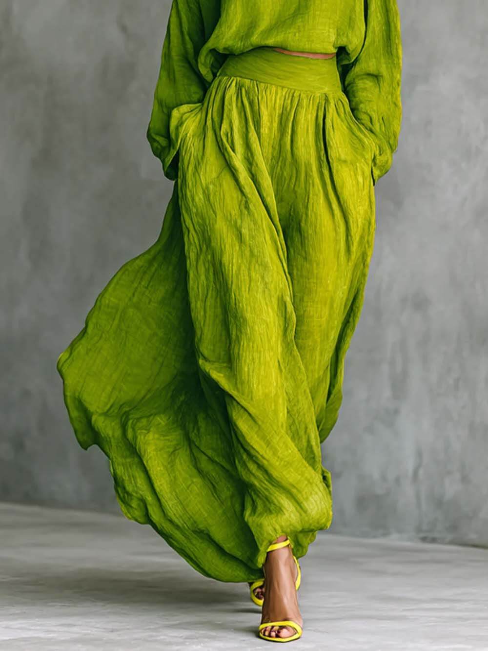 Casual Green Pleated High-Waist Pocket Skirt