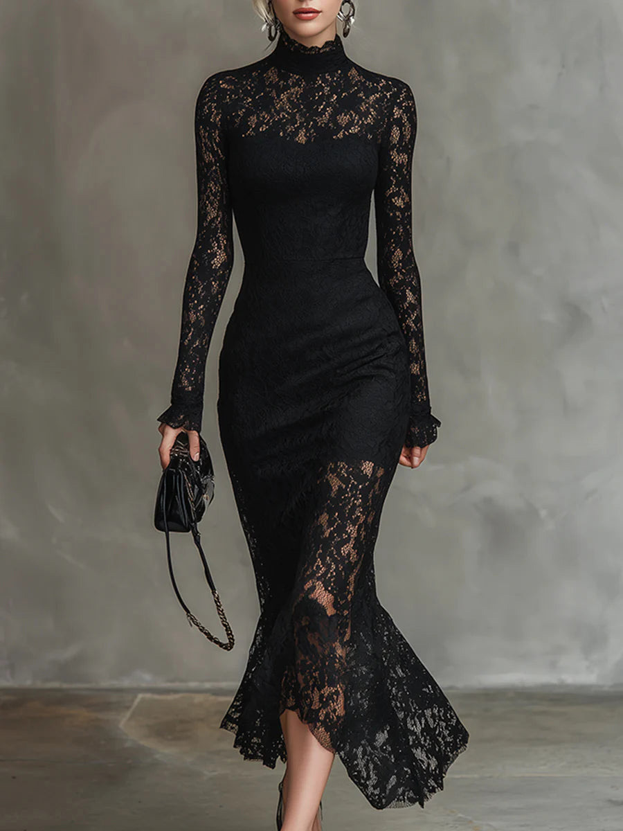 Exquisite High-neck Lace Fishtail Maxi Dress