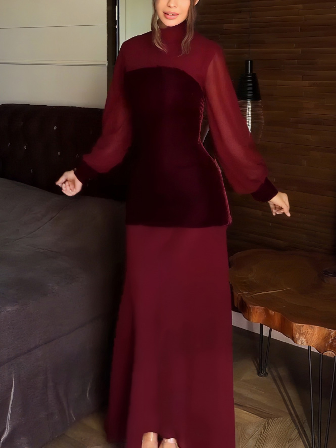 Elegant High Neck Velvet Panel Sheer Sleeve Maxi Dress