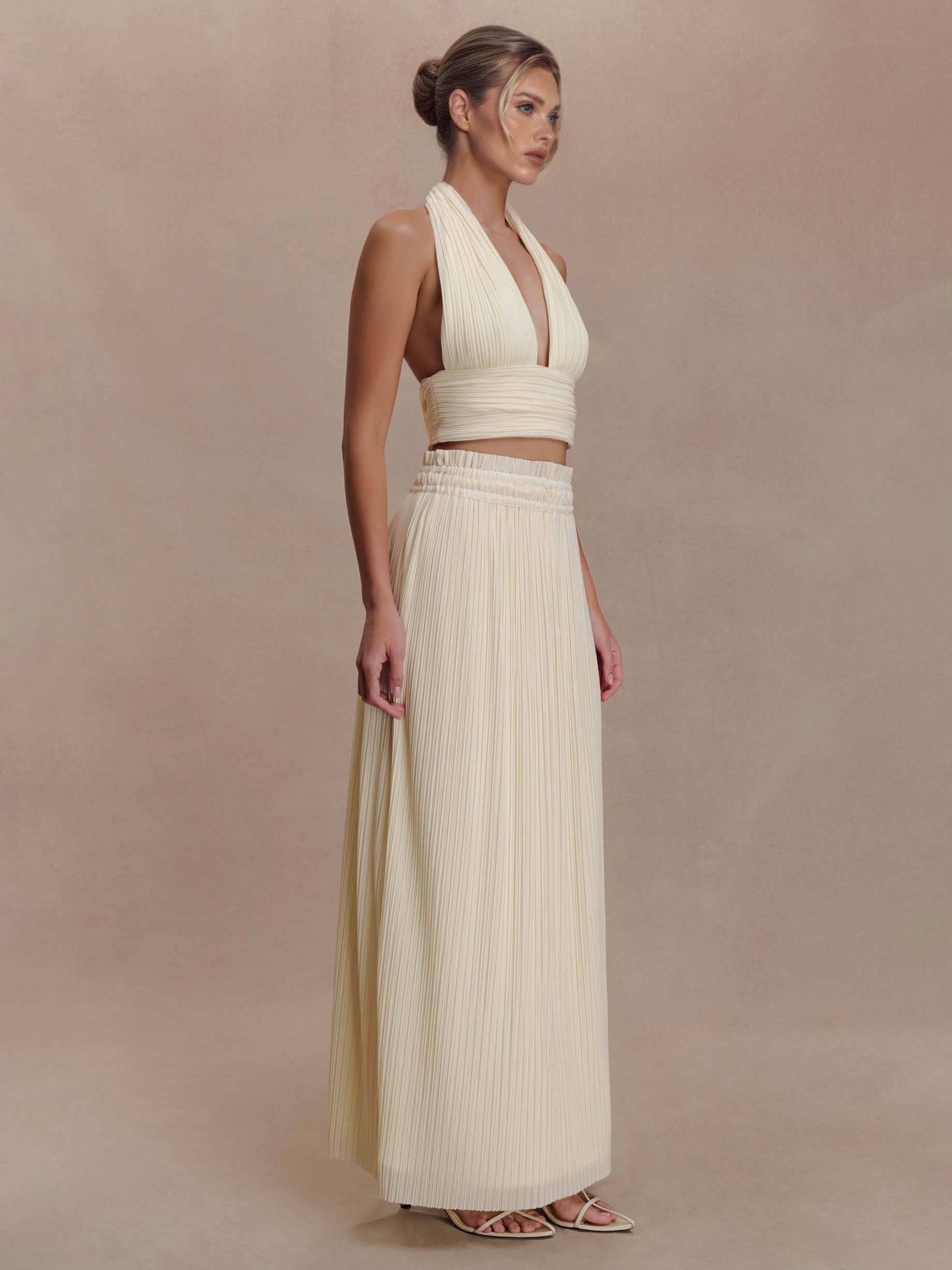 Backless Spaghetti Strap Crop Top &Pleated Maxi Skirt Two-Piece Set