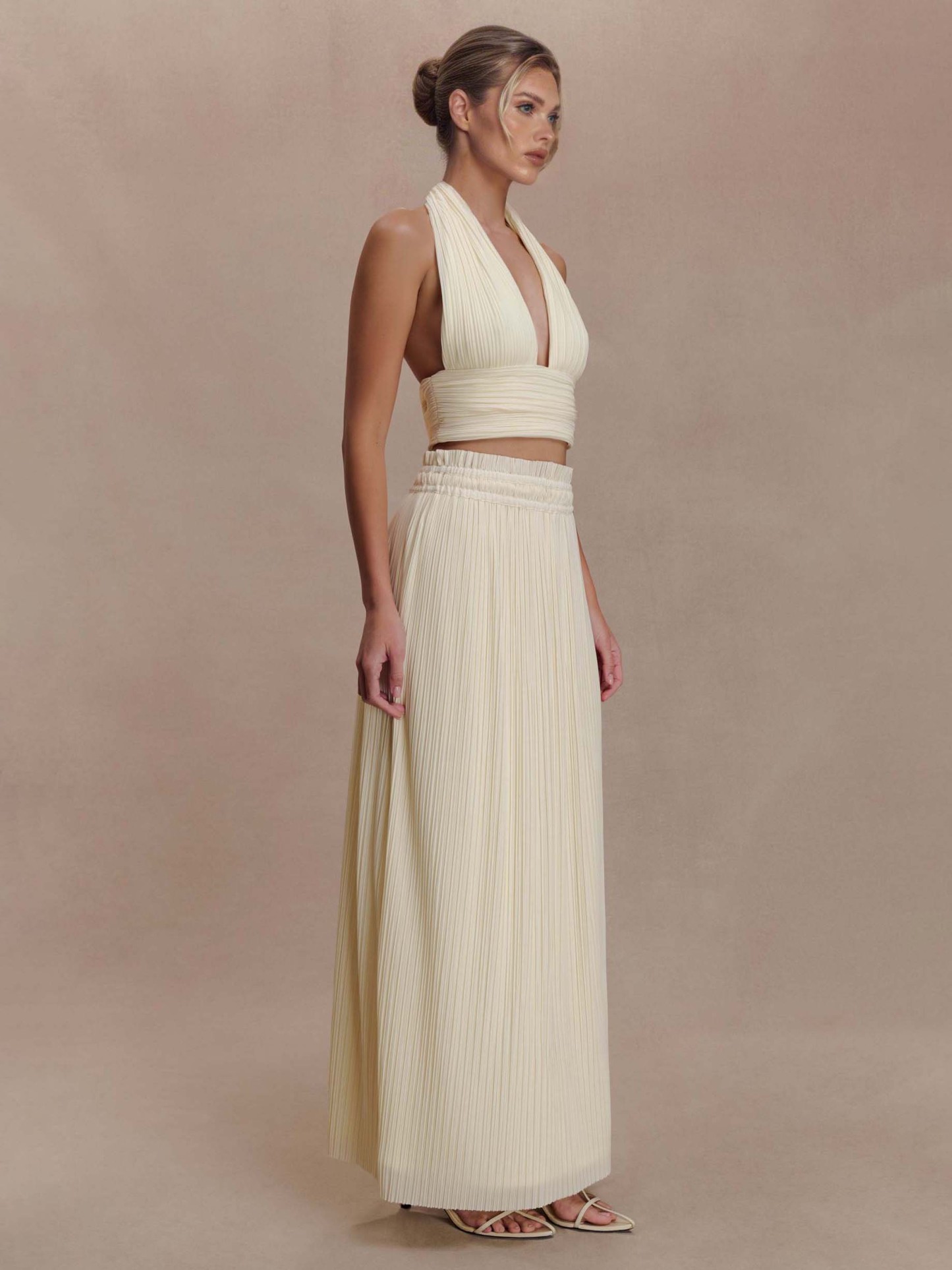 Backless Spaghetti Strap Crop Top &Pleated Maxi Skirt Two-Piece Set