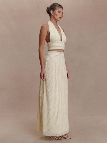Backless Spaghetti Strap Crop Top &Pleated Maxi Skirt Two-Piece Set