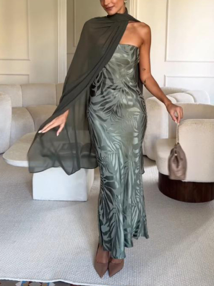 Elegant Satin Jacquard Strapless Maxi Dress