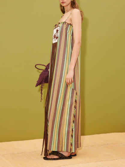 Retro Striped Palm Tree Print Spaghetti Strap Slit Maxi Dress