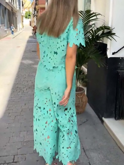 Casual Cutout Lace Wide-Leg Pants