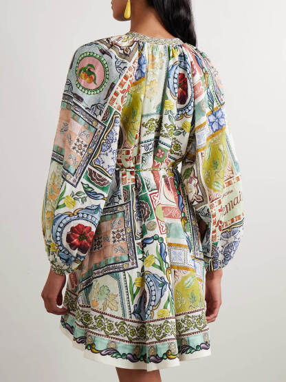 Unique Printed Linen Mini Dress