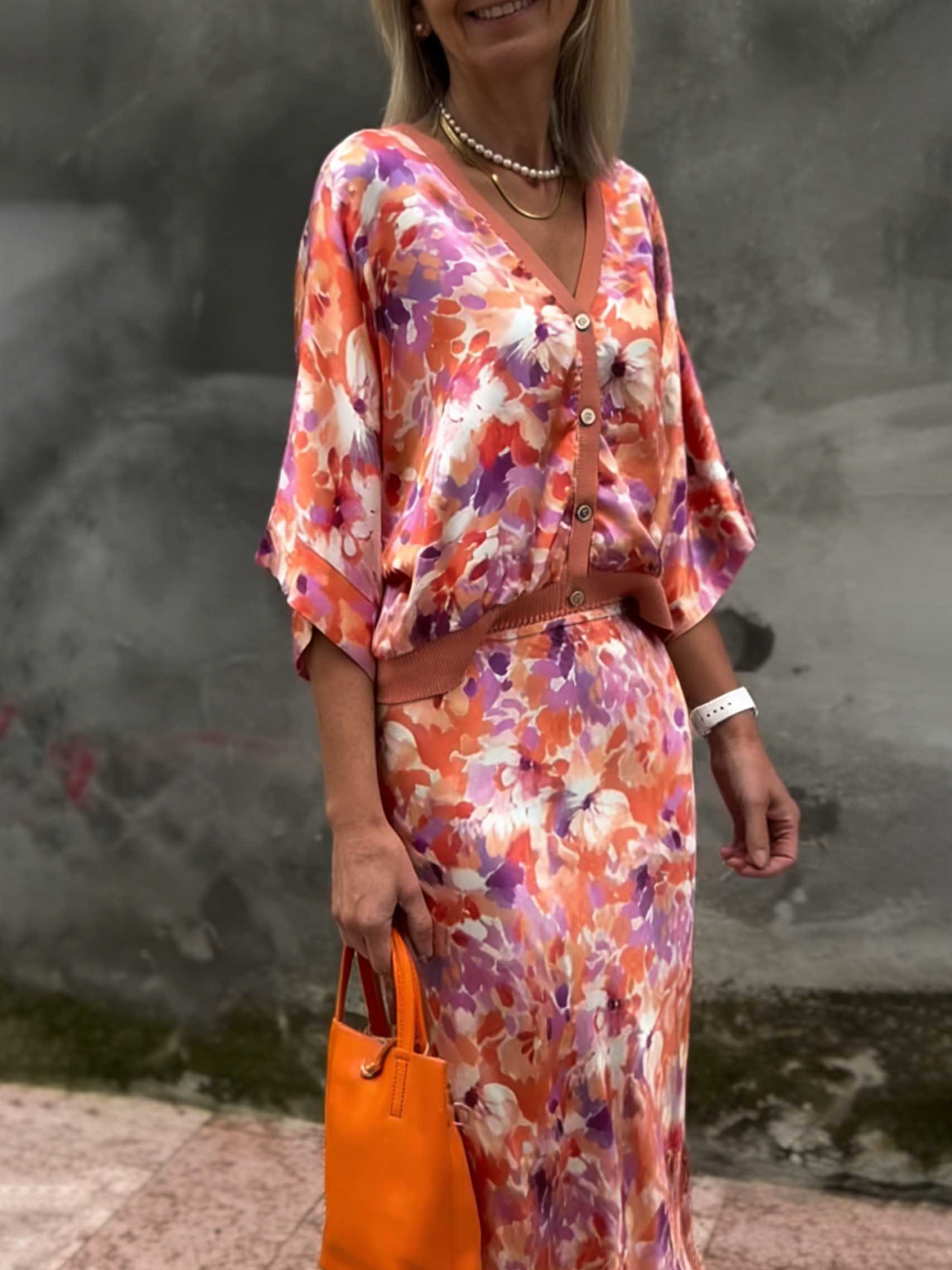 Exquisite Floral Print Satin Two-Piece Set