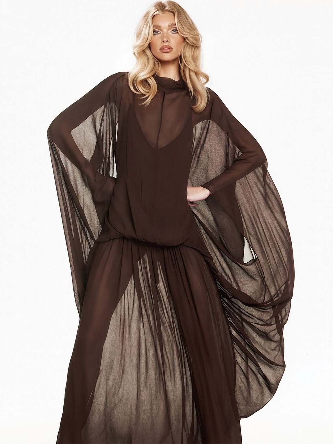 Exquisite Draped Sleeve Flowing Chiffon Maxi Dress