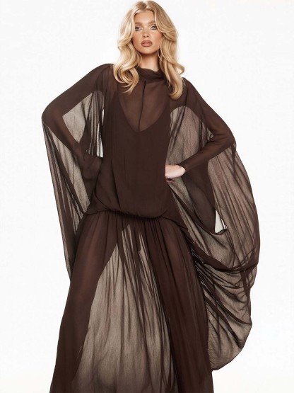 Exquisite Draped Sleeve Flowing Chiffon Maxi Dress