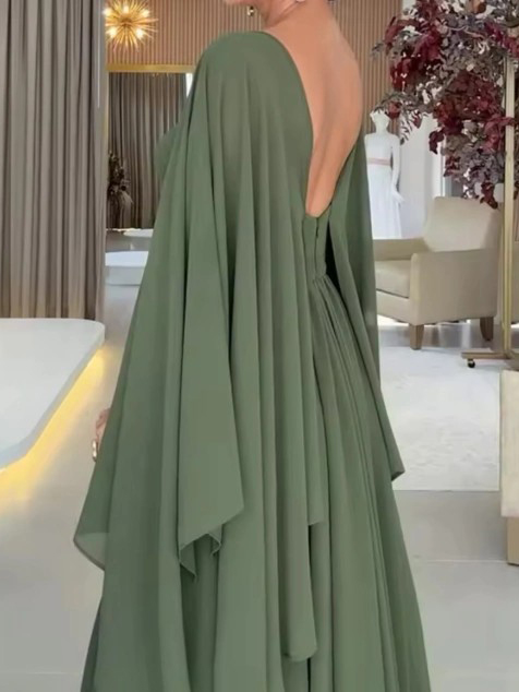 Elegant Asymmetric Sleeve Draped Chiffon Maxi Dress