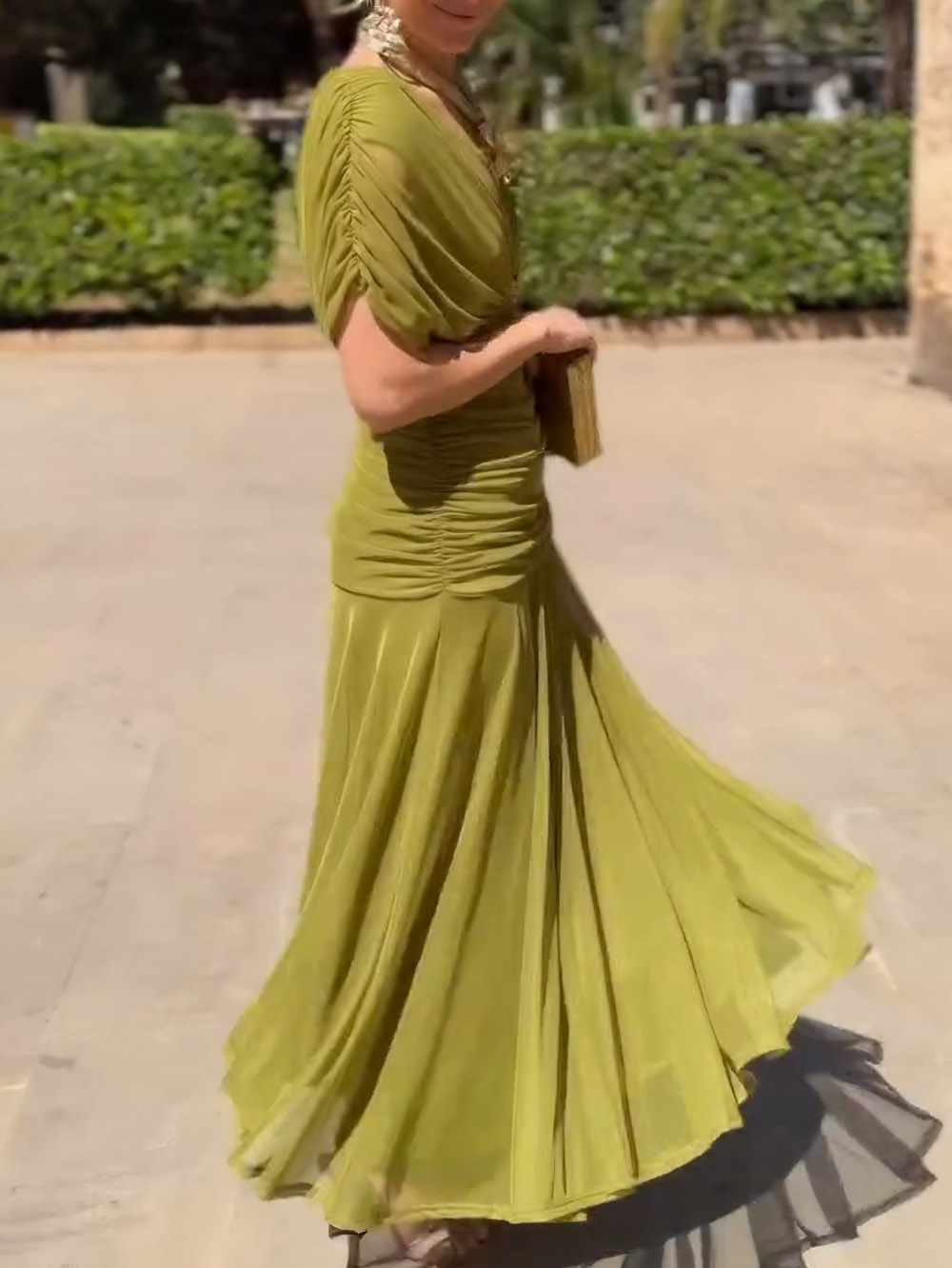 Elegant V-Neck Pleated Flowing Maxi Dress