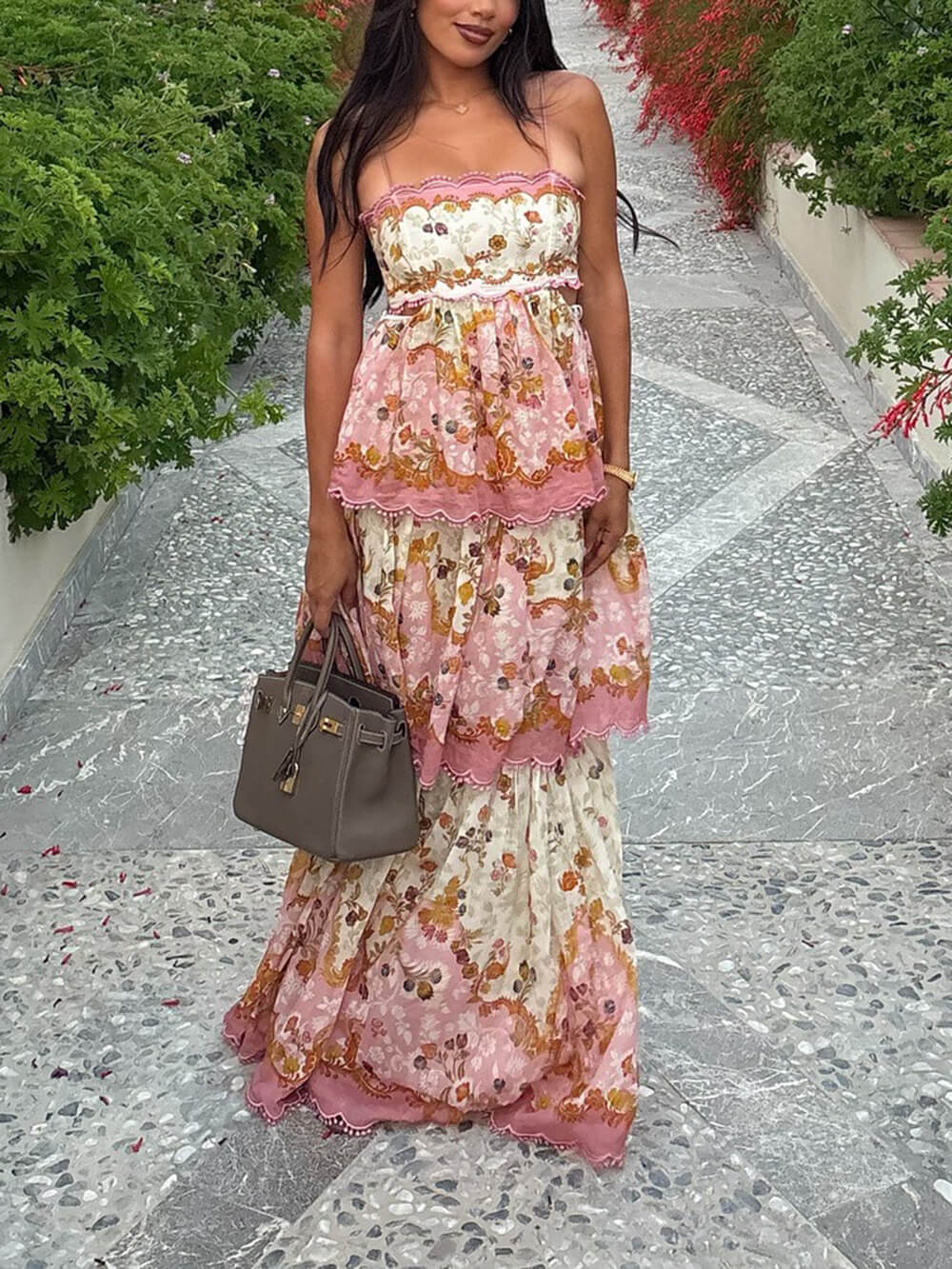 Delicate Floral Print Off-Shoulder Tiered Cami Maxi Dress