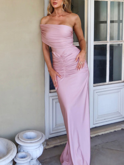 Elegant Asymmetric One Shoulder Knit Gown Maxi Dress