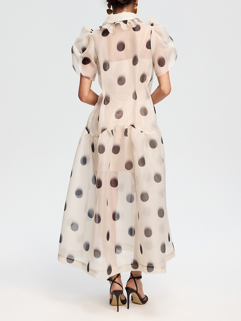 Elegant Polka Dot Organza Puff Sleeve Midi Dress