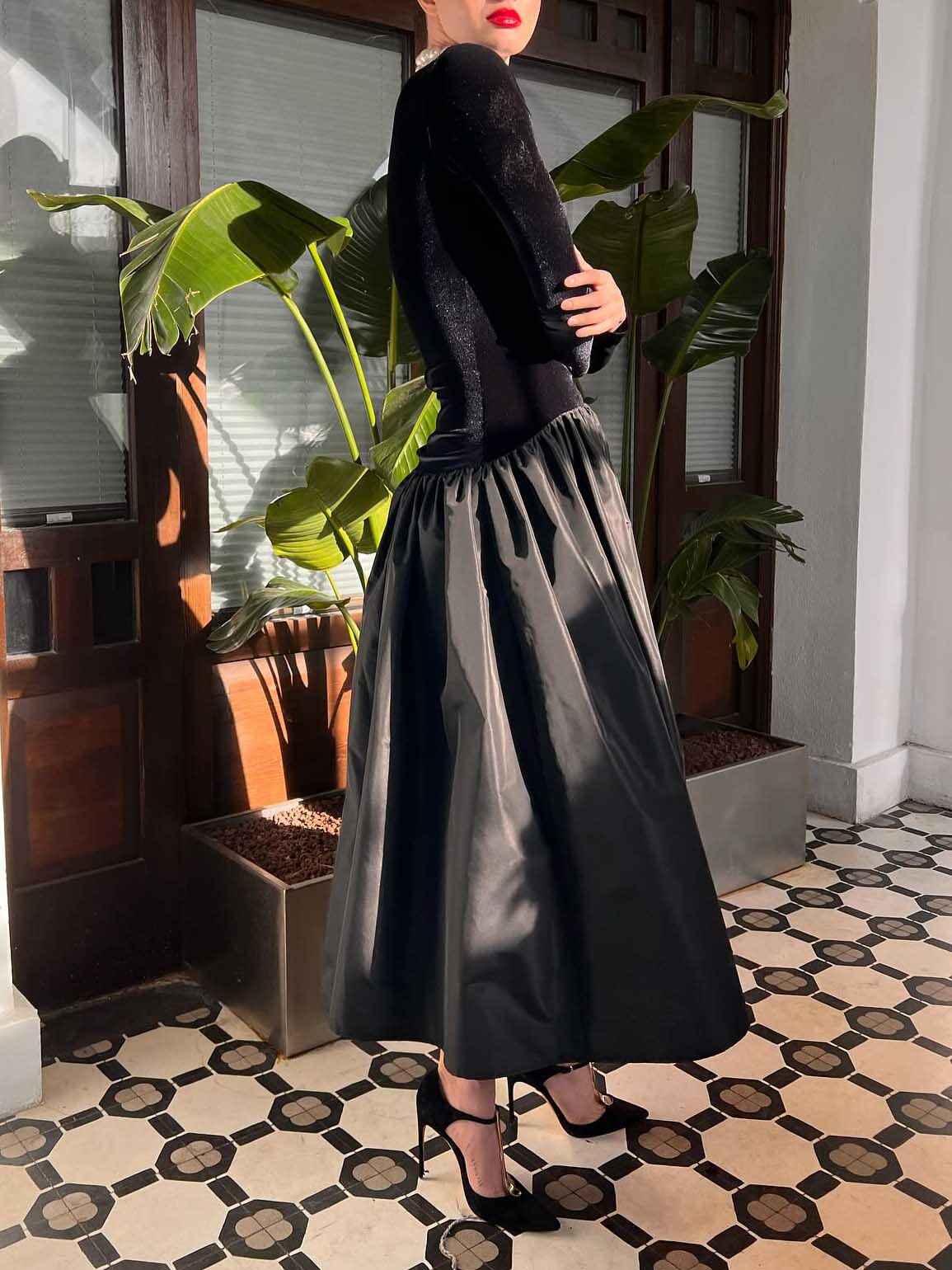 Elegant High-neck Velvet Patchwork Midi Dress