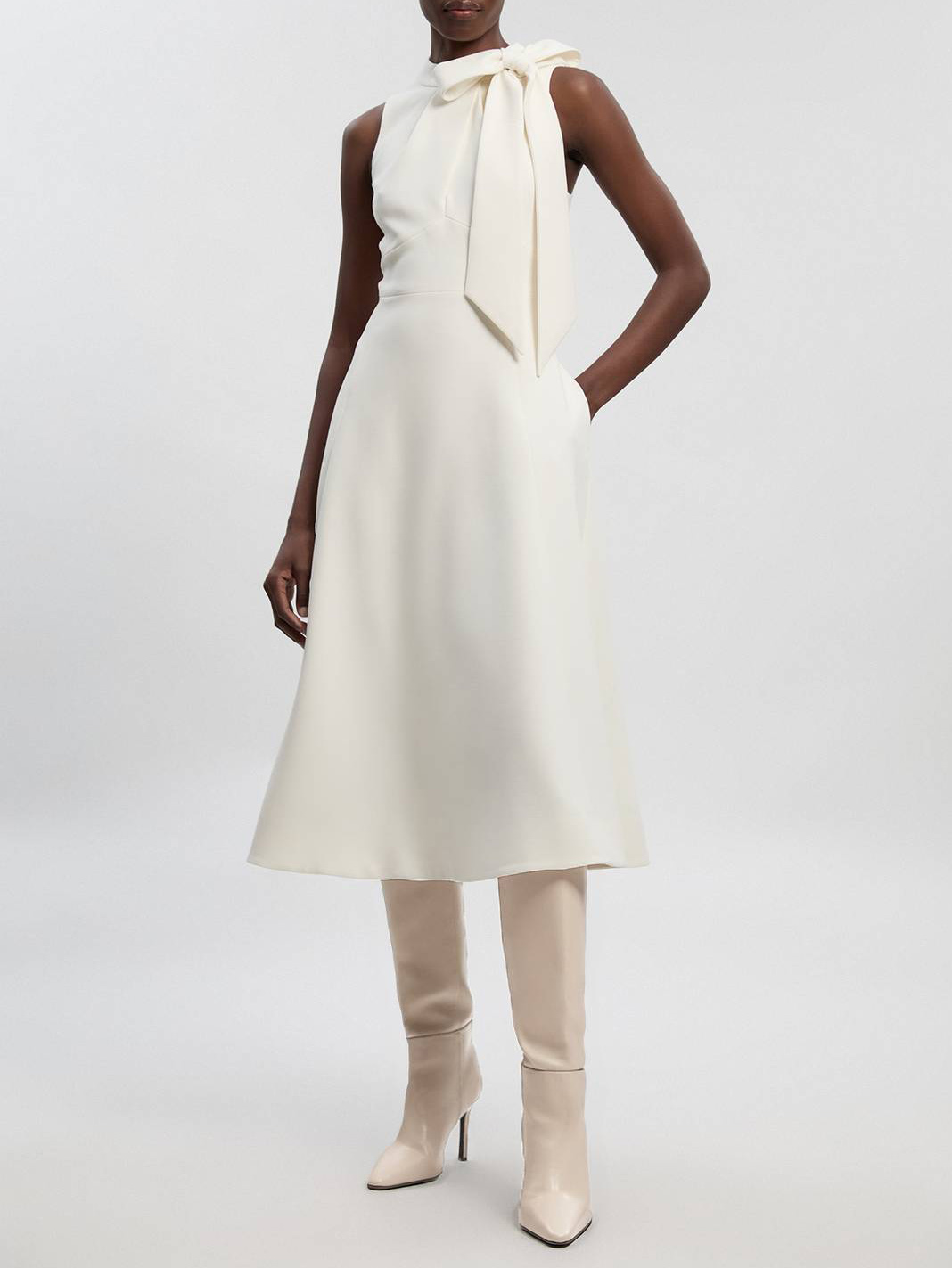 Elegant Sleeveless Bow Detail A-Line Midi Dress