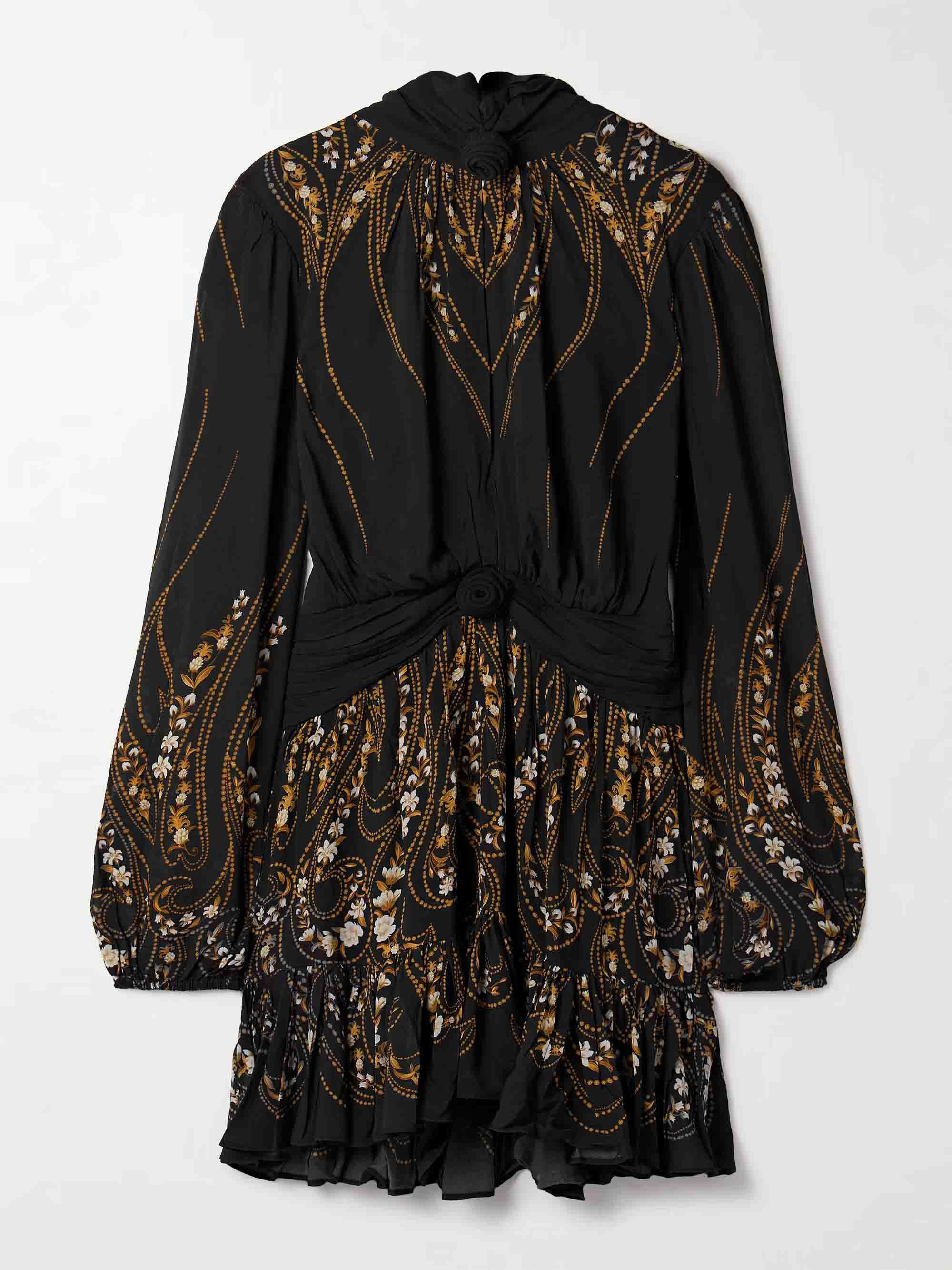 Tie-neck Printed Chiffon Flowy Mini Dress