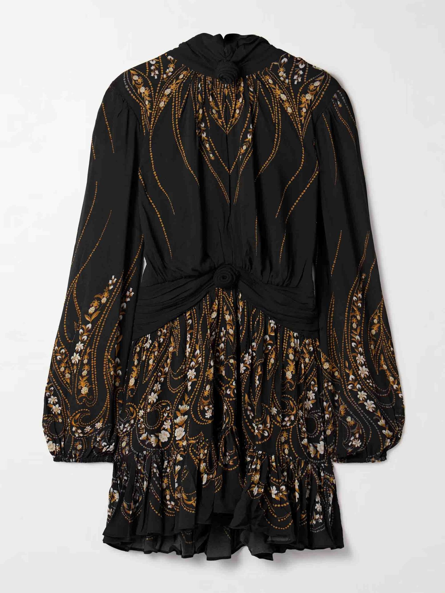 Tie-neck Printed Chiffon Flowy Mini Dress