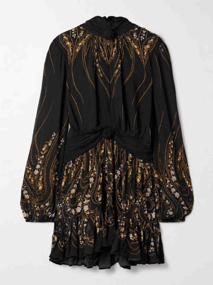 Tie-neck Printed Chiffon Flowy Mini Dress