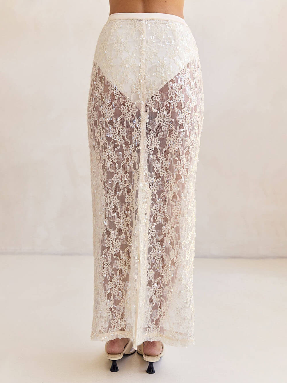 Elegant Off-Shoulder Strap A-Line Top Sheer Sequin Lace High-Waist Maxi Skirt Set