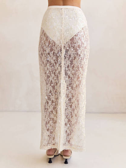 Elegant Sheer Sequin Lace High-Waist Maxi Skirt