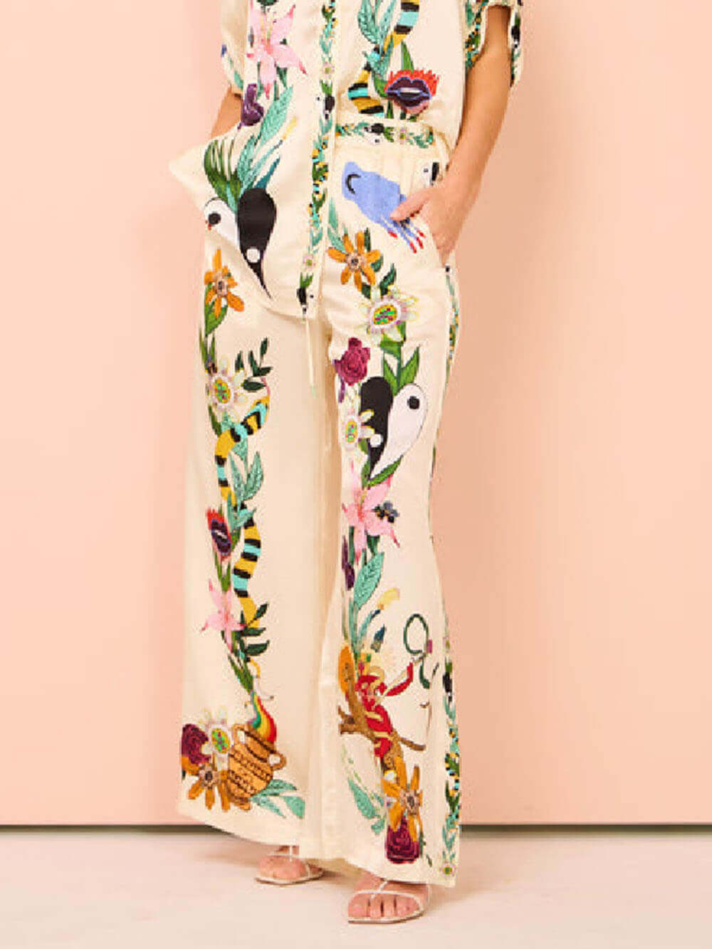 Modern Sophisticated Feel Satin Unique Print Oversized Blouse Elastic Waist Pocketed Wide Leg Pants Set