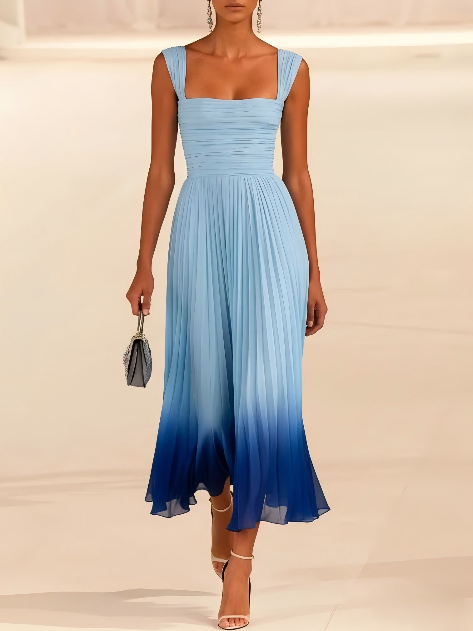 Elegant Gradient Pleated Square Neck A-Line Midi Dress
