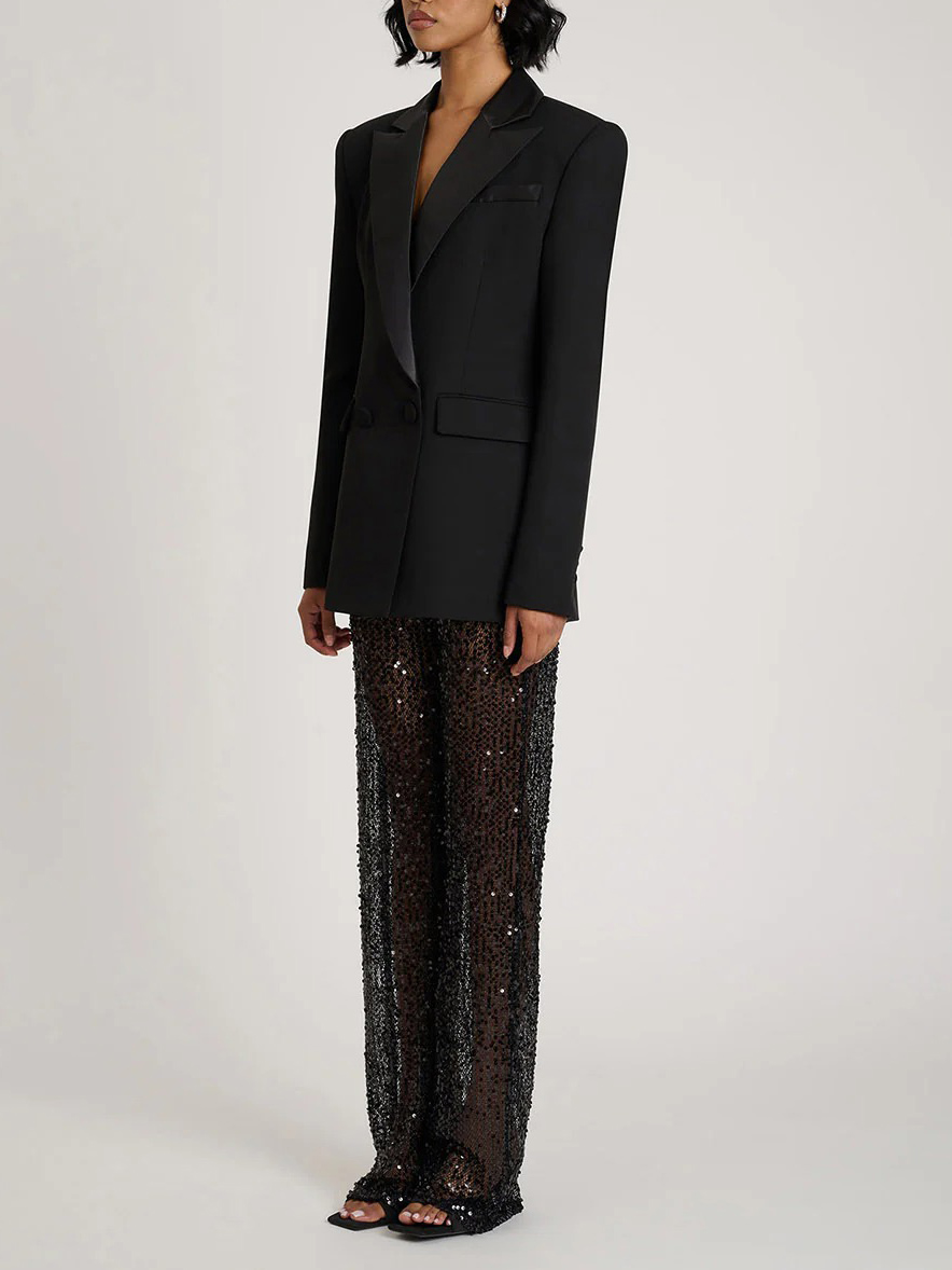 Elegant Satin Lapel Double-Breasted Blazer