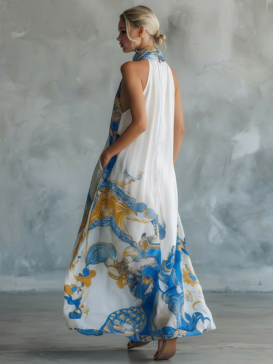 Elegant Baroque Print Chiffon Sleeveless Maxi Dress