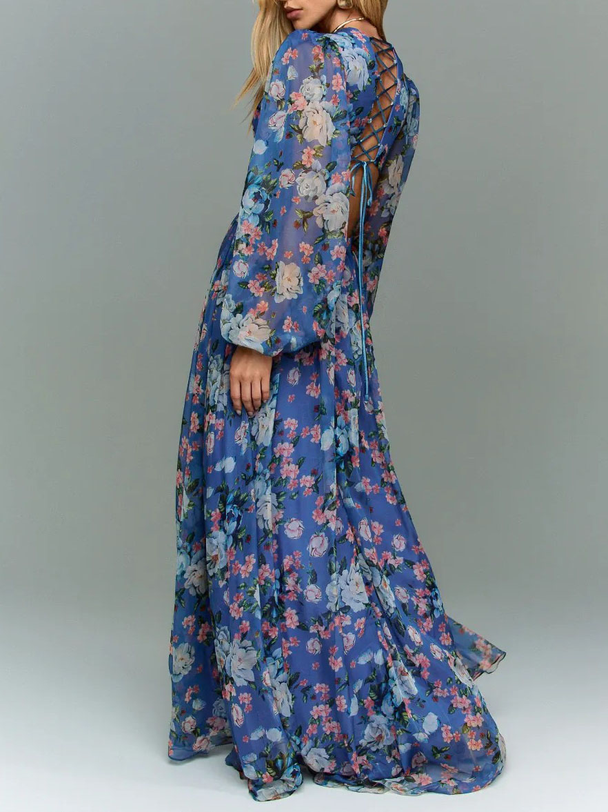Elegant Floral Print Cutout Waist Long Sleeve Chiffon Maxi Dress