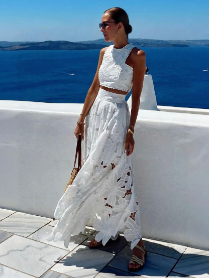 Elegant Openwork Floral Lace Short Vest Two-piece Set