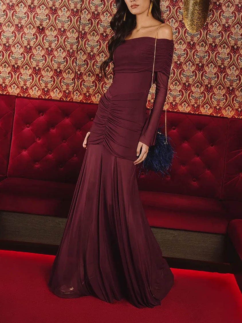 Elegant Off-the-shoulder Mesh Long-sleeved Maxi Dress