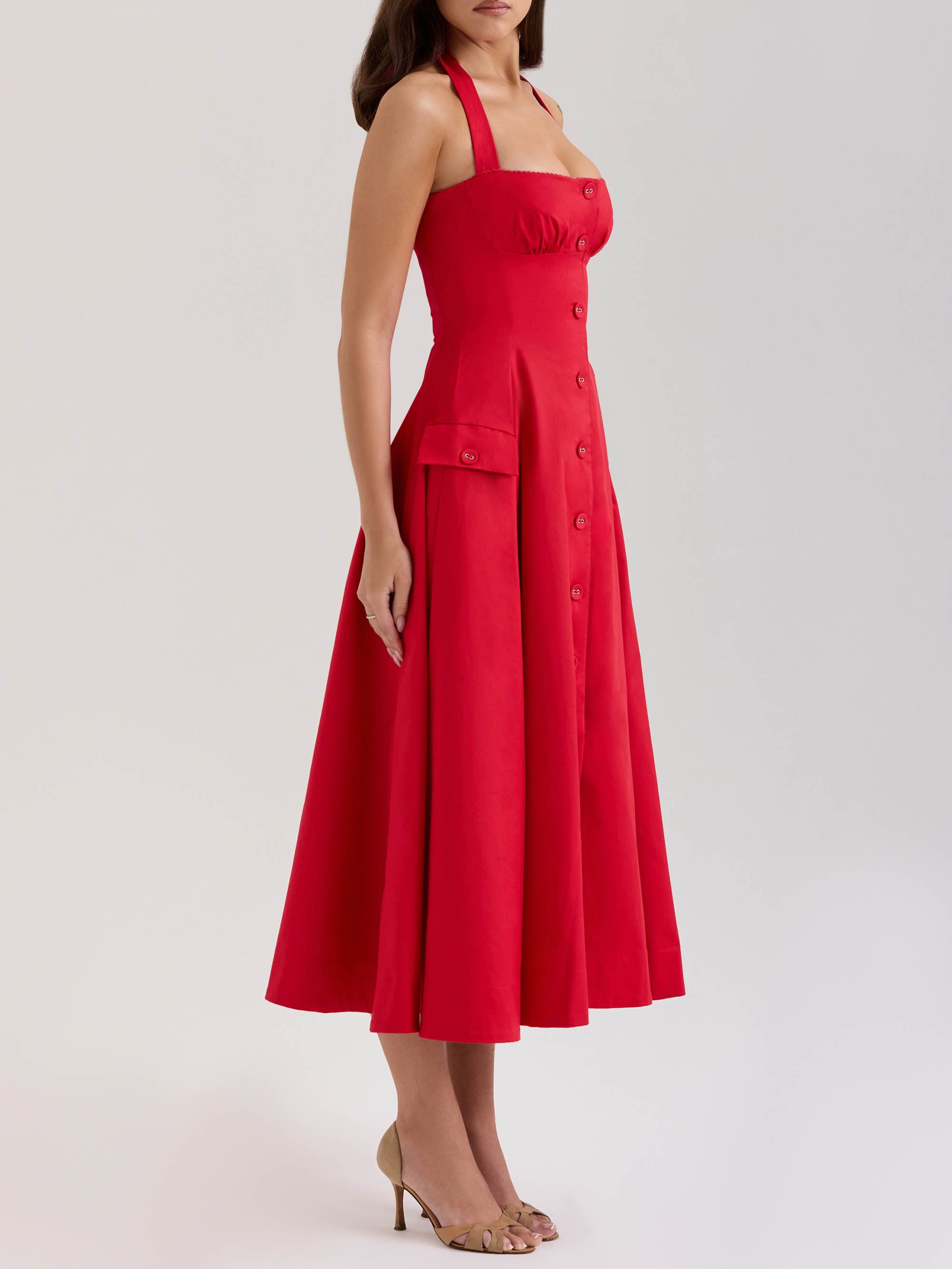 Elegant Square Neck Pleated Button Midi Dress