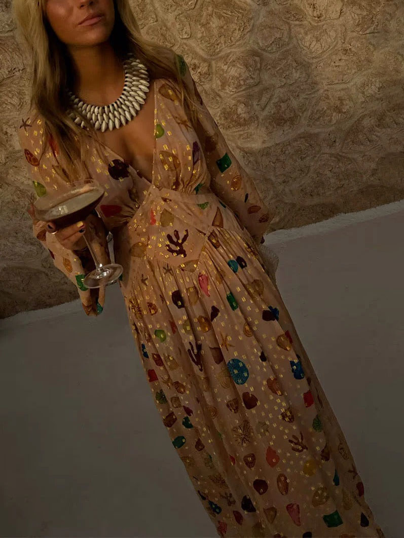 Exquisite Chiffon Shell Print Maxi Dress