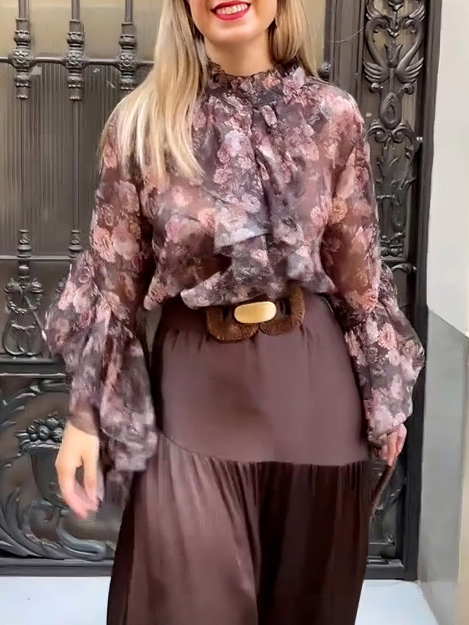 Elegant Floral Ruffled Chiffon Blouse