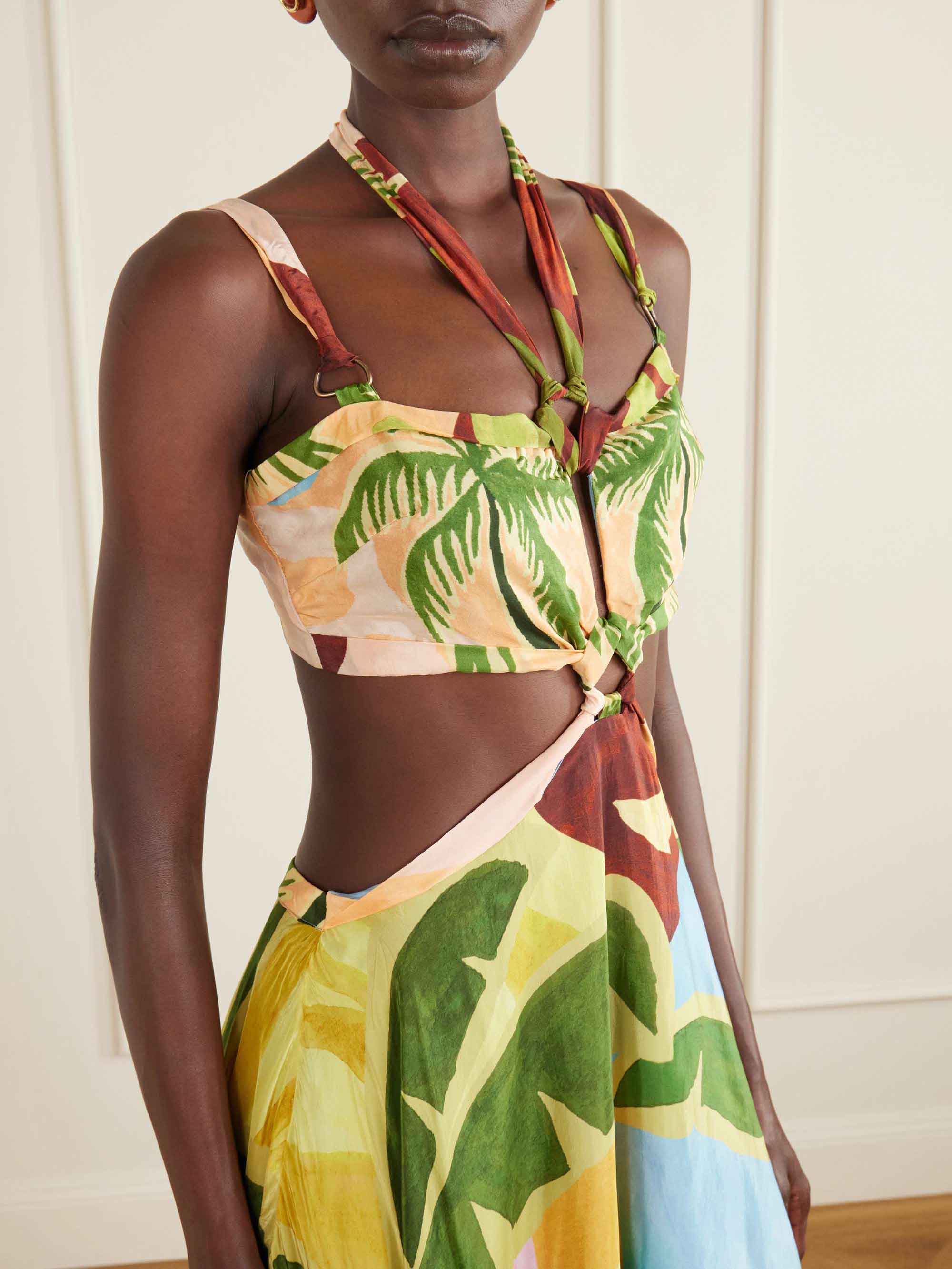 Tropical Leaf Print Cutout Halter Asymmetrical Maxi Dress