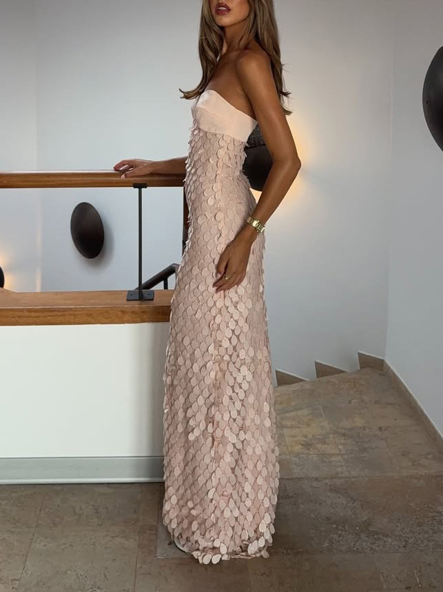 Elegant Strapless Lace Sequined Maxi Dress