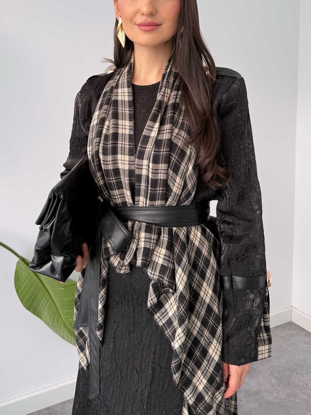 Elegant Asymmetric Plaid Overlay Top & Slim Midi Skirt Two-Piece Set
