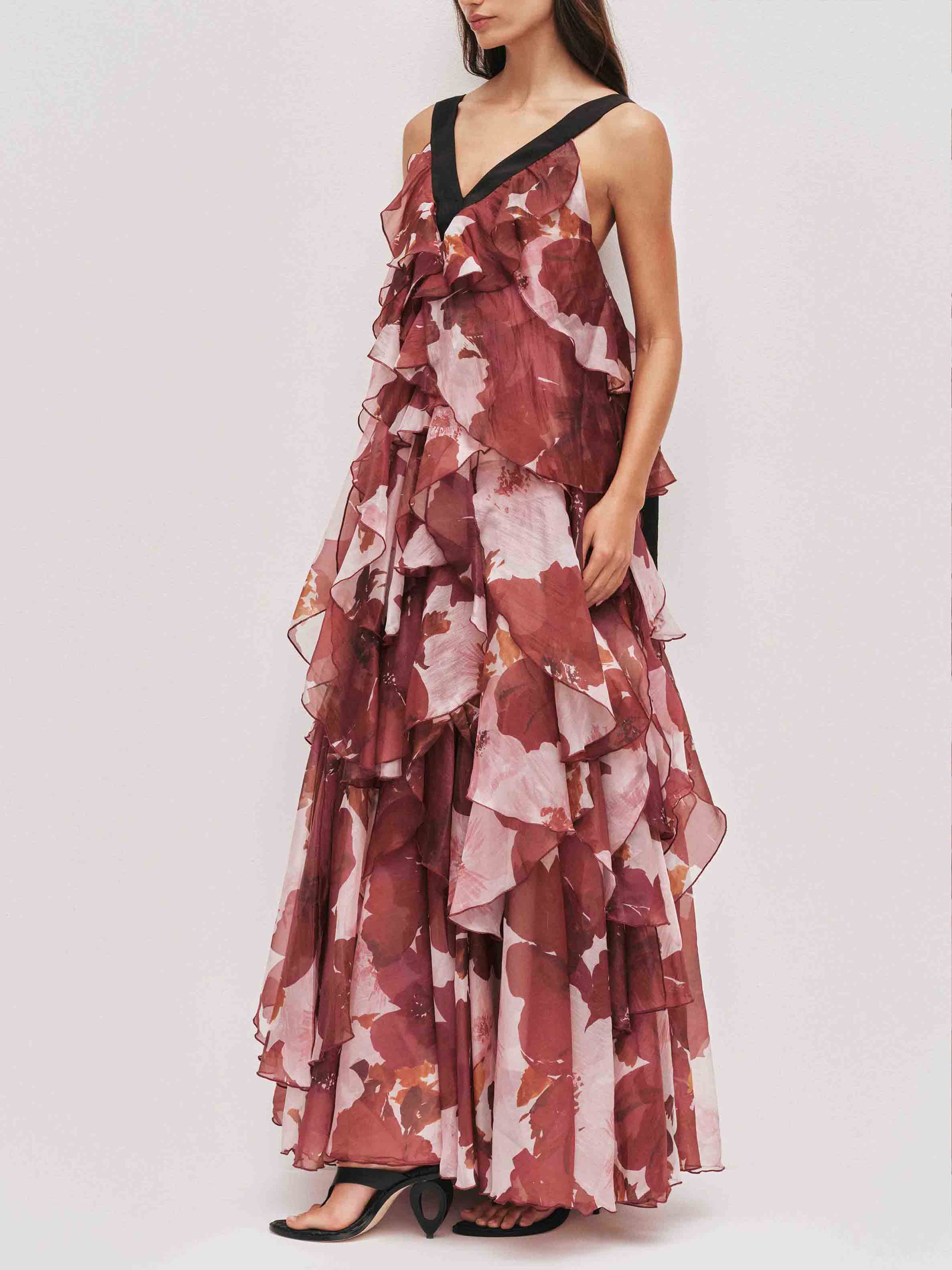 Exquisite Layered Floral Print Ruffled Maxi Dress