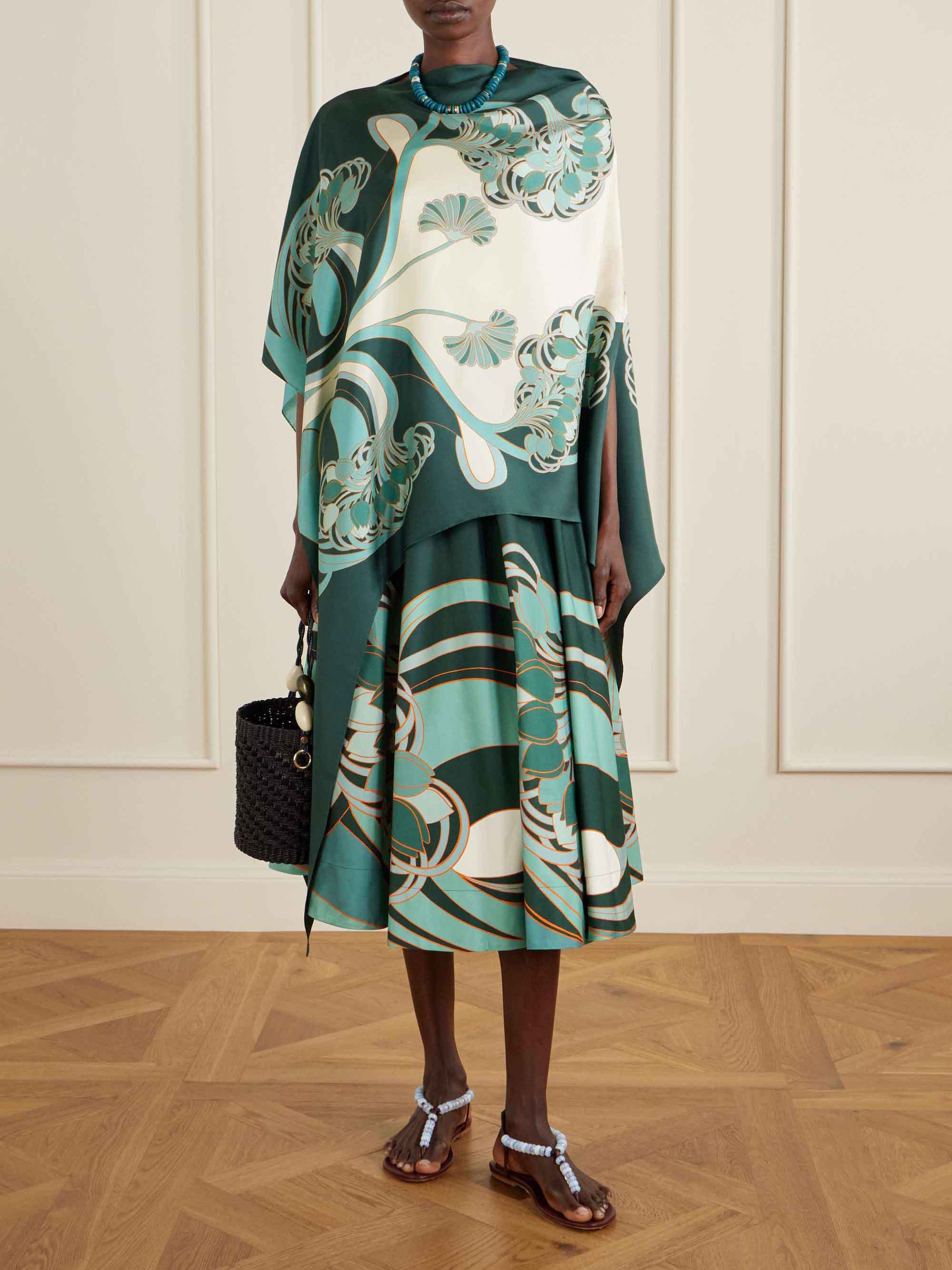 Unique Floral Print Satin Irregular Top Two-piece Set