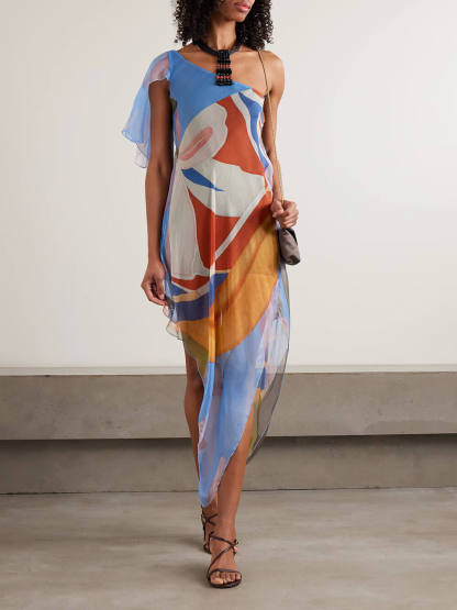 Unique One-Shoulder Asymmetrical Print Chiffon Midi Dress