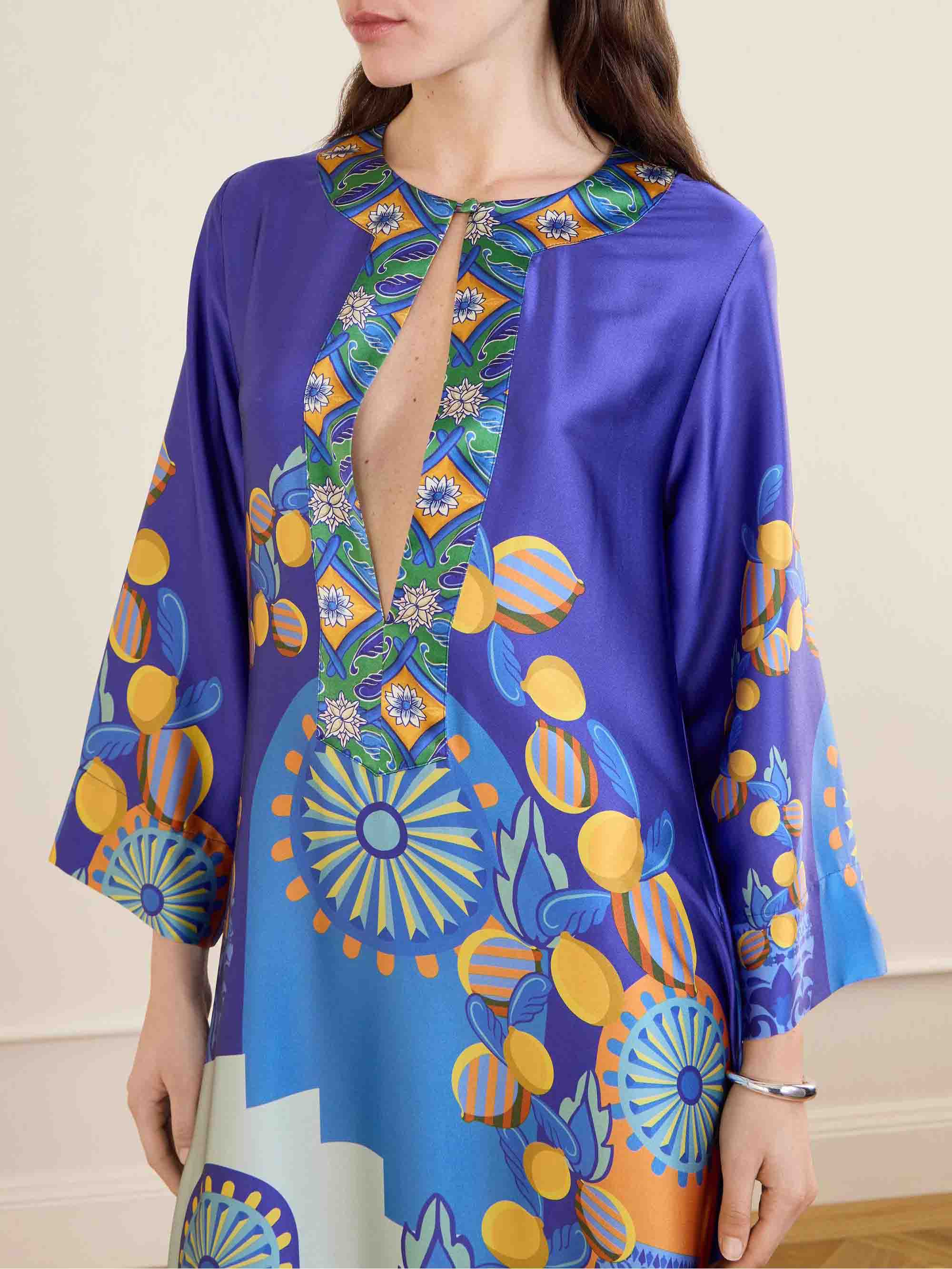Unique Painted Print Satin Kaftan Maxi Dress