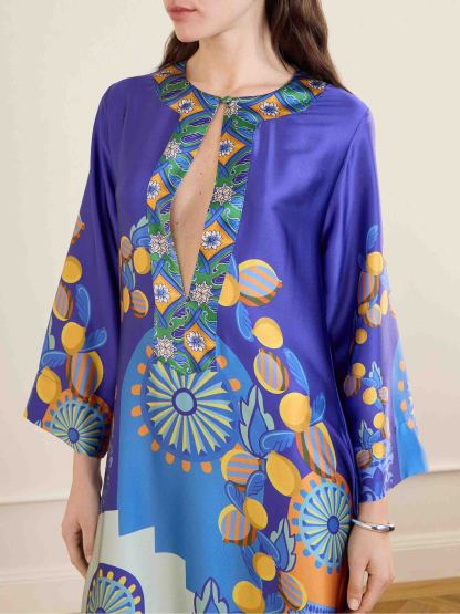 Unique Painted Print Satin Kaftan Maxi Dress