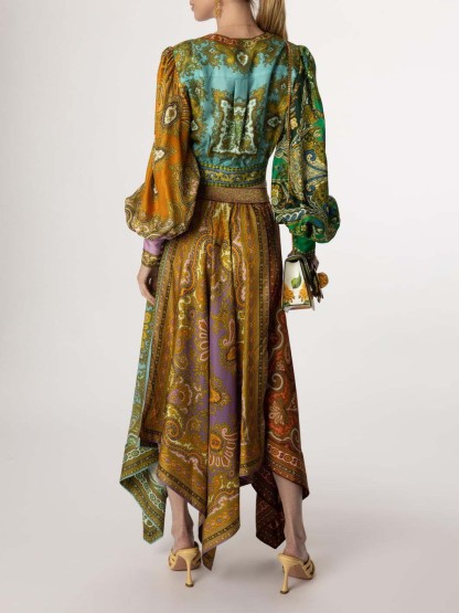 Exquisite Bohemian Paisley Print Satin Tie-Front Blouse