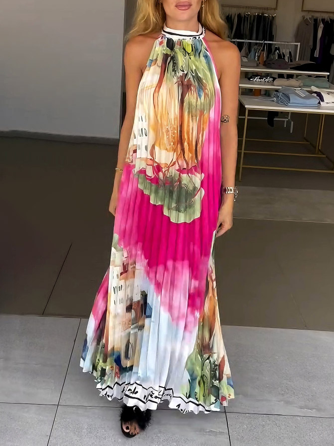 Unique Abstract Landscape Print Pleated Maxi Dress