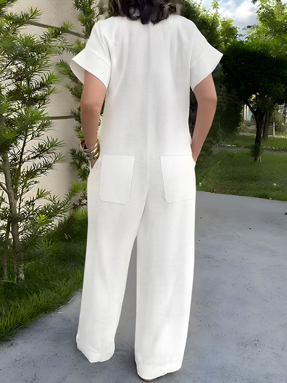 Casual Linen Collared Short-Sleeved Button-Up Front Wide-Leg Jumpsuit