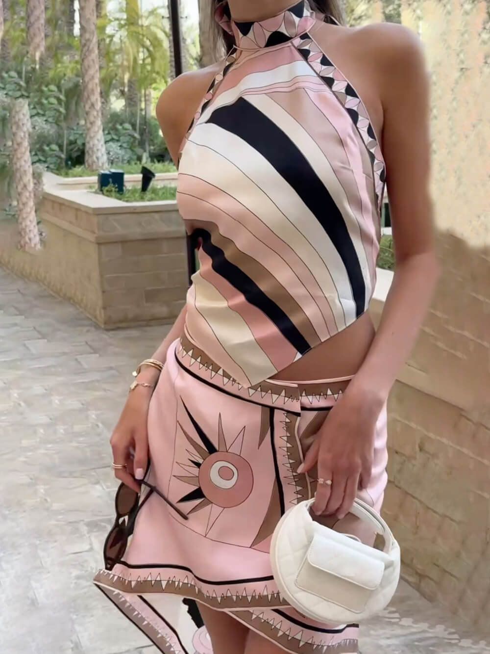 Unique Satin Printed Twill Tank Top Asymmetric Mini Skirt Set